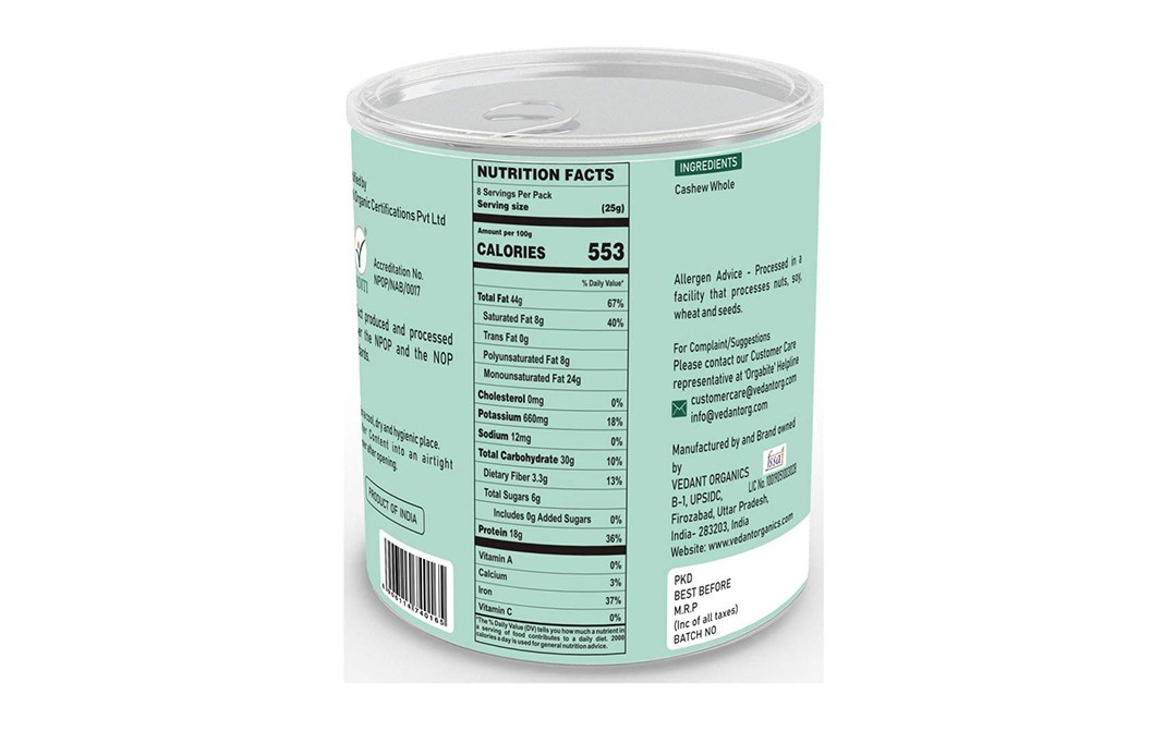 Orgabite Organic Cashew Whole    Tin  200 grams